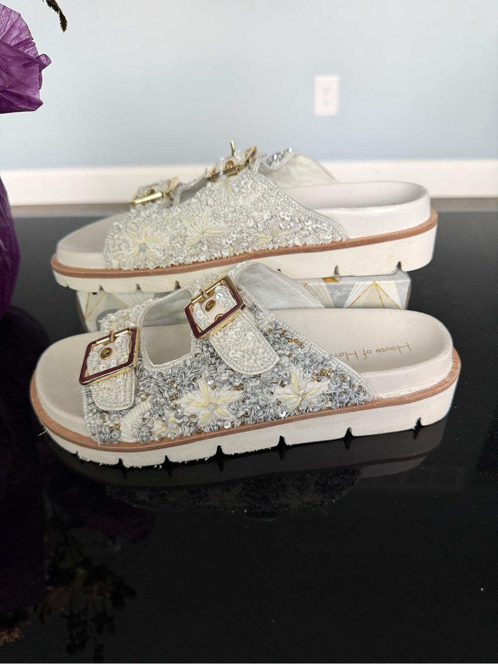House of Harlow 1960 White Embellished Double-Buckle Slide Clogs - Picture 5 of 9
